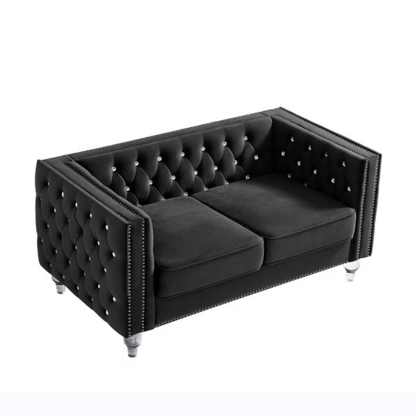 Black, Two-seater Sofa, Velvet Crystal Buckle Upholstery Sofa, Crystal Feet, Removable Cushion, Two Plush Pillow