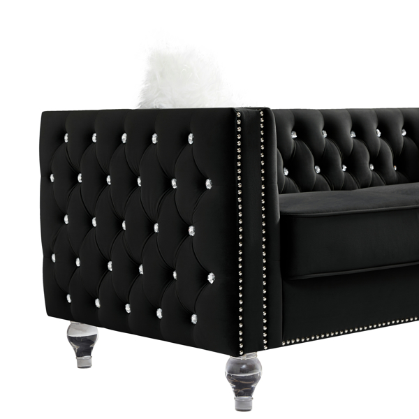Black, Three-seater Sofa, Velvet Crystal Buckle Upholstery Sofa, Crystal Feet, Removable Cushion, Two Plush Pillow
