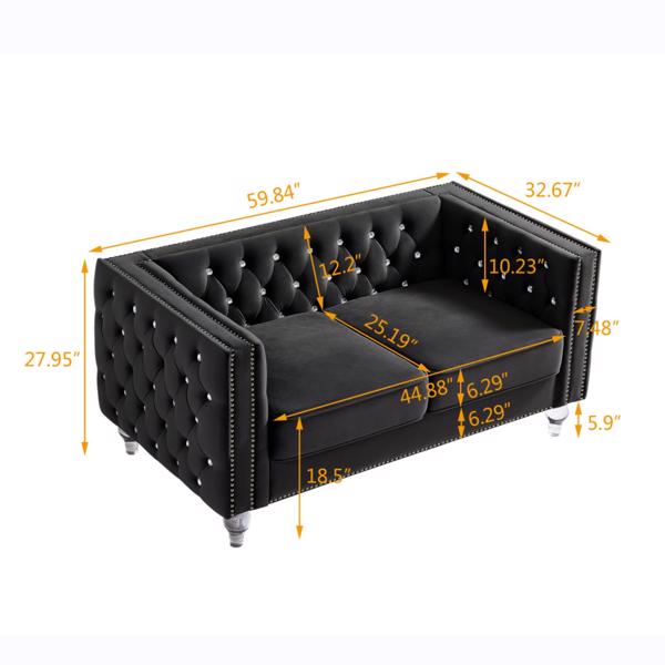 Black, Two-seater Sofa, Velvet Crystal Buckle Upholstery Sofa, Crystal Feet, Removable Cushion, Two Plush Pillow