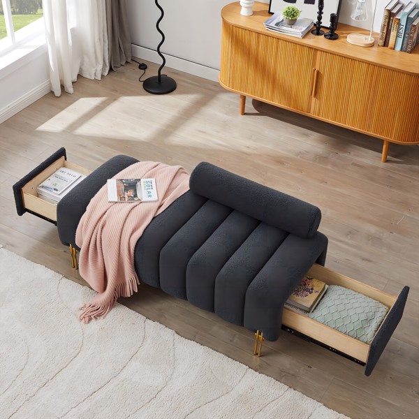 New design pull out storage compartment footstool sofa, teddy velvet material, solid wood frame, metal feet, can be used in living room, study room and many other occasions.-grey