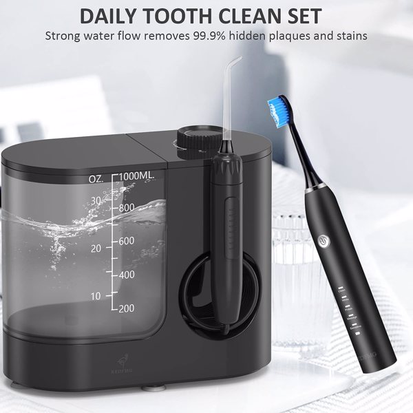 Water Flosser & Ultrasonic Toothbrush Combo - Extra Capacity Electric Water Toothbrush ,7 Jet Tips & 4 Brush Heads, 1000ML Detachable Water Tank, IPX6 Waterproof