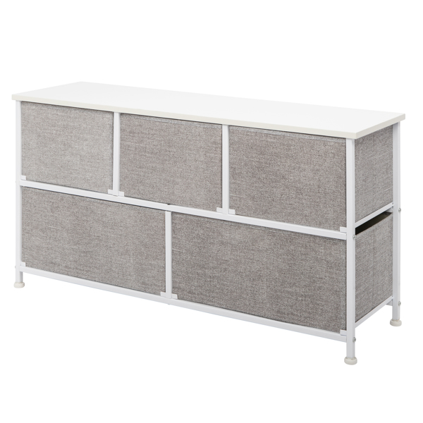 3 layers, 5 drawers, 3 small and 2 large style with non-woven cloth handles, non-woven storage cabinet, non-woven fabric, iron frame, wooden board, 104*30*48cm, white panel, light gray drawer