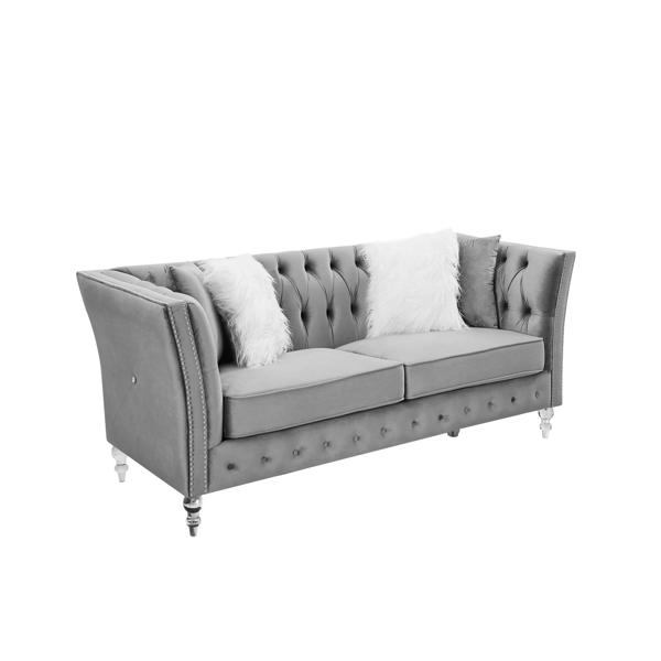 Gray, Velvet, 2+3 Seat Sofa Set, Acrylic Feet, Cushion Combination Lounge Sofa, Deep Tufted Button Luxury Sofa for Living Room