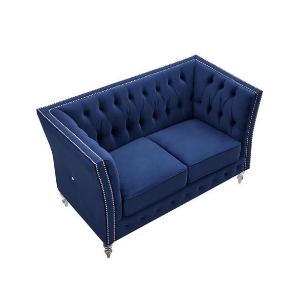 Navy Blue, Velvet, Two-Seater Sofa, Acrylic Feet, Cushion Combination Lounge Sofa, Deep Tufted Button Luxury Sofa for Living Room