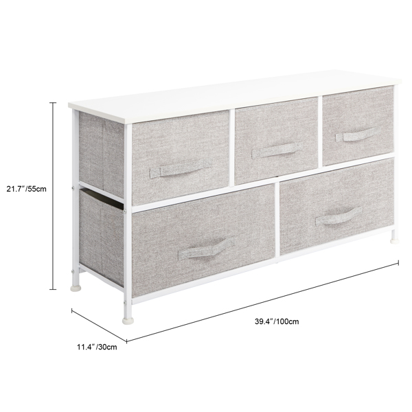 3 layers, 5 drawers, 3 small and 2 large style with non-woven cloth handles, non-woven storage cabinet, non-woven fabric, iron frame, wooden board, 104*30*48cm, white panel, light gray drawer