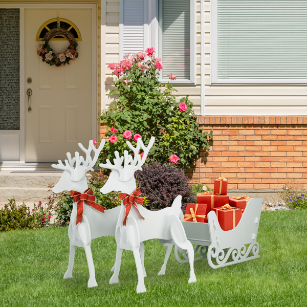 2 Deer Pulls 1 Sled PVC Garden Elk Decoration White