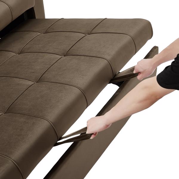 Light Brown, Modern Velvet Recliner Sofa with Pullout Bed, Converts to Sofa Bed, Side Coffee Table, Adjustable Backrest, 2 Lumbar Pillows