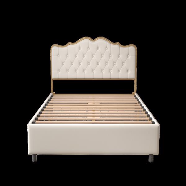 Classic buckle backrest, metal frame, solid wood ribs, with four storage drawers, sponge soft bag, comfortable and elegant atmosphere, white, f-size