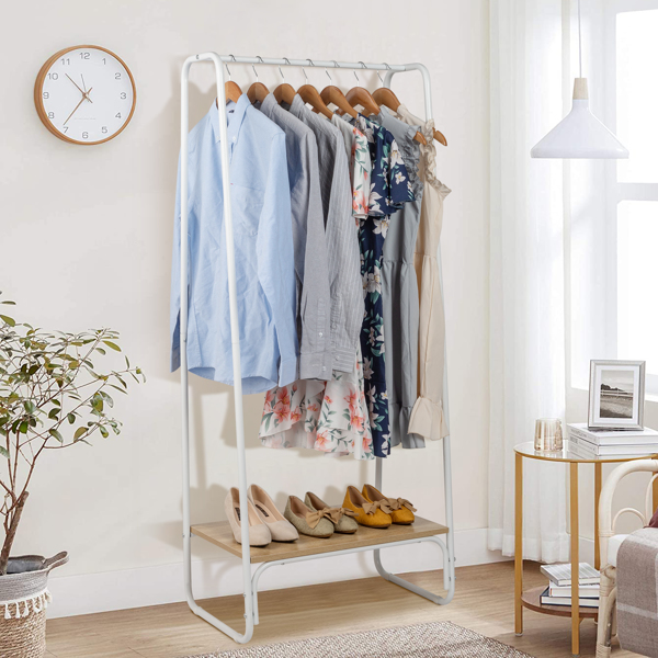 Clothes Rack with Wood Shelf, Freestanding Clothing Rack，Garment Rack, Standing Metal Sturdy Clothing Rack, White