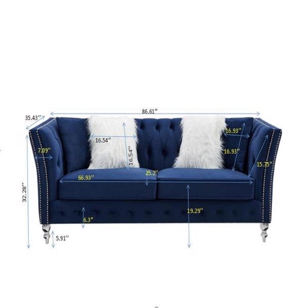 Navy Blue, Velvet, Three-Seater Sofa, Acrylic Feet, Cushion Combination Lounge Sofa, Deep Tufted Button Luxury Sofa for Living Room
