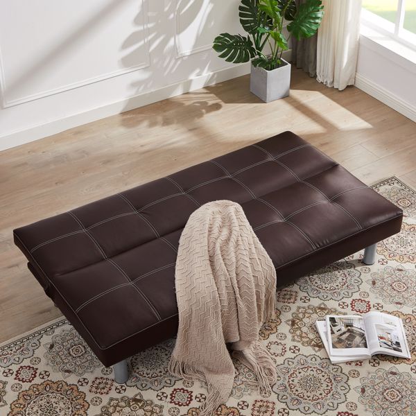 Three-person foldable sofa bed, PU leather, solid wood frame and metal foot support，Can be laid flat as a bed.