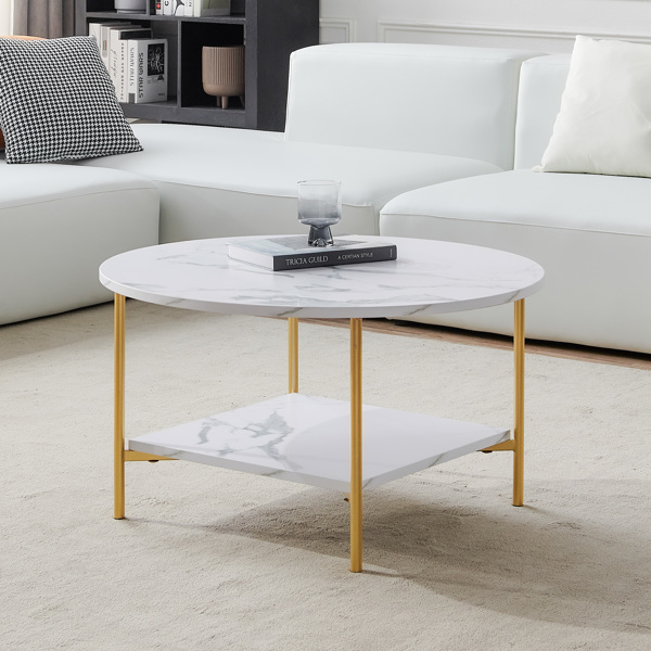 Modern Round coffee table with storage, Golden metal frame with marble color top-31.5"