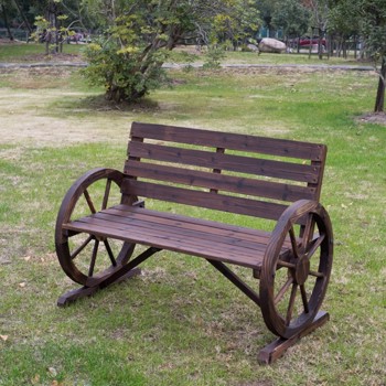 2-Person Seat Bench with Backrest Wooden Wagon Wheel Bench, Rustic Outdoor Patio Furniture-AS (Swiship-Ship)（Prohibited by WalMart）