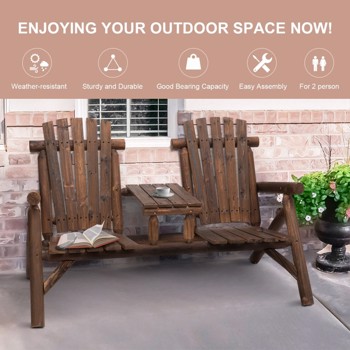 Wood Patio Chair Bench with Center Coffee Table/Garden chairs/courtyard chairs (Swiship-Ship)（Prohibited by WalMart）
