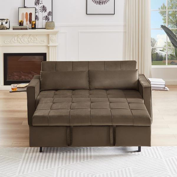 Light Brown, Modern Velvet Recliner Sofa with Pullout Bed, Converts to Sofa Bed, Side Coffee Table, Adjustable Backrest, 2 Lumbar Pillows