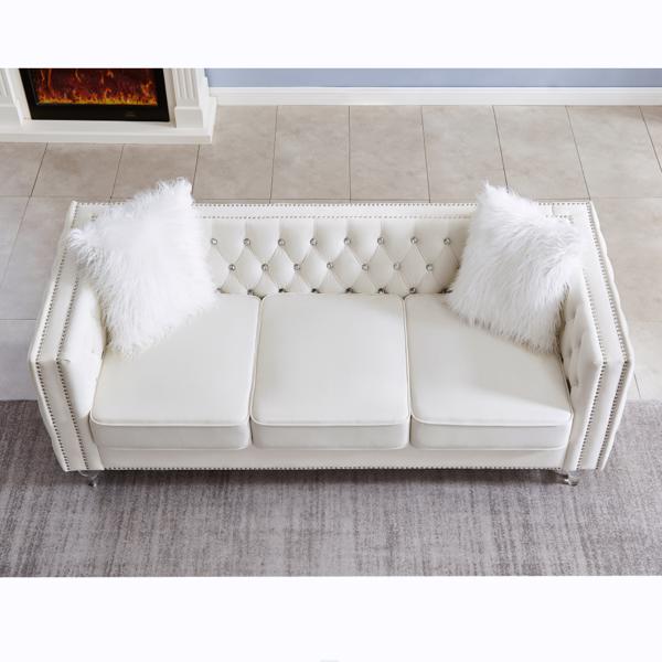 Beige, Three-seater Sofa, Velvet Crystal Buckle Upholstery Sofa, Crystal Feet, Removable Cushion, Two Plush Pillow