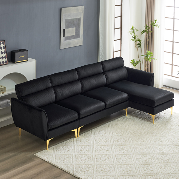 218*141*87cm Burlap Diamond Electroplated Gold Trident Legs Three Seats With Footstool Indoor Modular Sofa Black