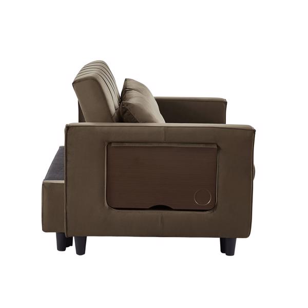 Light Brown, Modern Velvet Recliner Sofa with Pullout Bed, Converts to Sofa Bed, Side Coffee Table, Adjustable Backrest, 2 Lumbar Pillows