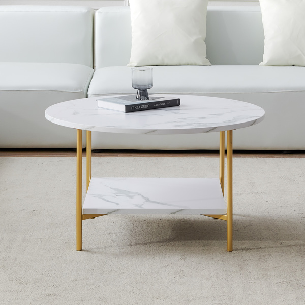 Modern Round coffee table with storage, Golden metal frame with marble color top-31.5"
