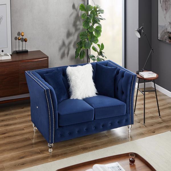 Navy Blue, Velvet, Two-Seater Sofa, Acrylic Feet, Cushion Combination Lounge Sofa, Deep Tufted Button Luxury Sofa for Living Room