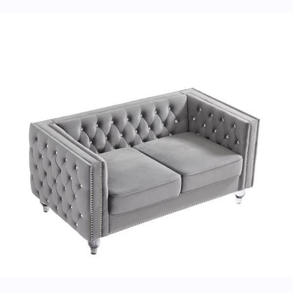 Gray, 2+3 Seat Sofa Set, Velvet Crystal Buckle Upholstery Sofa, Crystal Feet, Removable Cushion, Four Plush Pillow
