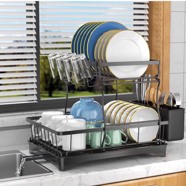 2 Tier Dish Rack for Kitchen Counter,Dish Drying Rack with 360°Drainage,Dish Drainboard Set with Cutlery Holder and 4 Cup Holder,Dish drainers Over Sink Drying Rack On Counter