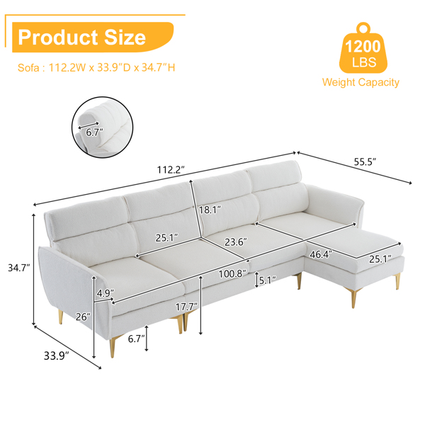 282*142*88cm Pushback Chair Shape Four Seats with Footstool Boucle Yarn Diamond Electroplated Gold Triple Leg Indoor Modular Sofa Beige