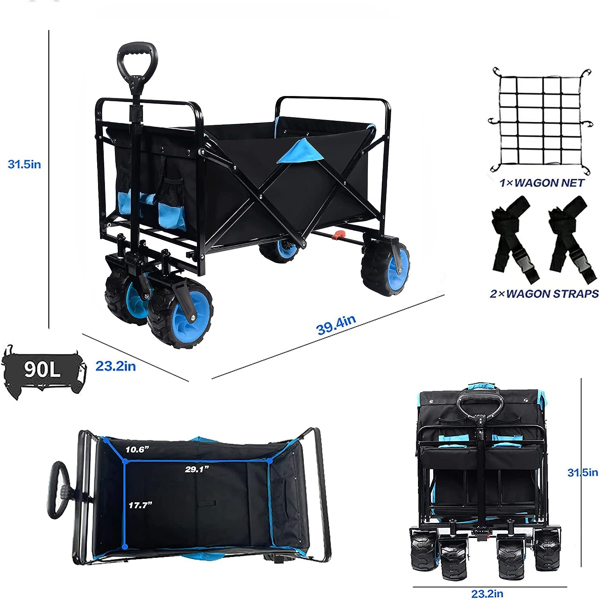 Collapsible Heavy Duty Beach Wagon Cart Outdoor Folding Utility Camping Garden Beach Cart with Universal Wheels Adjustable Handle Shopping (black&blue)