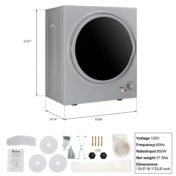 ZOKOP GYM25-78G2 Compact Portable Household clothes Dryer 2.5KG 1.6cuft with Stainless Steel Drum Black and White 120V MECHANICAL Control ETL Certification