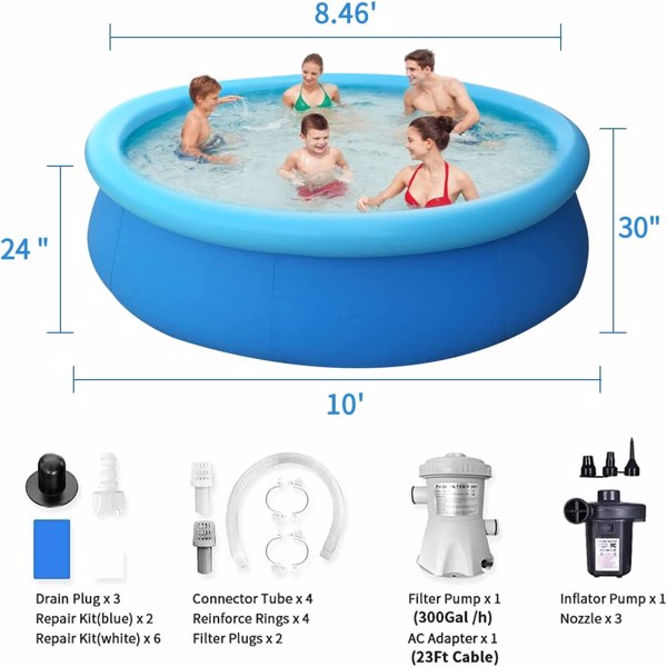 Inflatable Swimming Pool Above Ground with Electric Air Pump & Filter Pump, Repair Kit Accessories Ring Round Pools for Outdoor Garden Lawn Backyard Family Adults Kids Children (10 ft x 30 in)