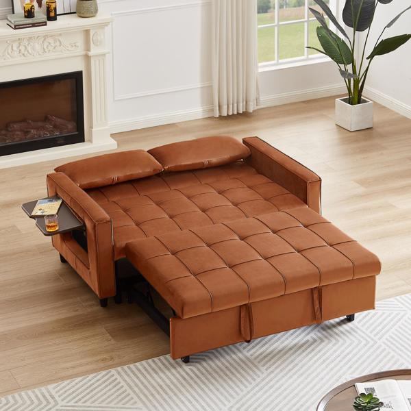 Caramel, Modern Velvet Recliner Sofa with Pullout Bed, Converts to Sofa Bed, Side Coffee Table, Adjustable Backrest, 2 Lumbar Pillows