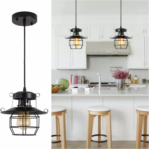 Vintage Farmhouse Pendant Light Rustic Metal Caged Pendant Lights Black Cage Hanging Lamp for Kitchen Island Entryway Bedrooms Living Room Barn,Adjustable Height,E26 Bulb（1 Light）