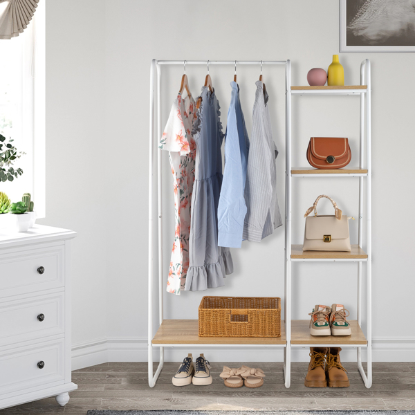 Clothes Rack with 5 Wood Shelf, Freestanding Clothing Rack，Garment Rack, Standing Metal Sturdy Clothing Rack, White