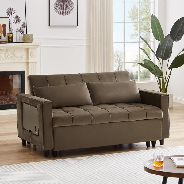 Light Brown, Modern Velvet Recliner Sofa with Pullout Bed, Converts to Sofa Bed, Side Coffee Table, Adjustable Backrest, 2 Lumbar Pillows