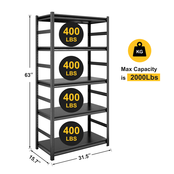 Adjustable Heavy Duty Metal Shelving - 5-Tier Storage Shelves, 2000LBS Load, Kitchen, Garage, Pantry H63 * W31.5 * D15.7