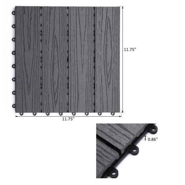 12" x 12" Interlocking Deck Tiles, Pack of 11 Outdoor Flooring Patio Tiles-Grey-AS