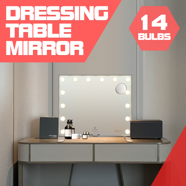 Vanity Mirror with 14 Dimmable Bulbs, 19.7x23.6inch, 3-Color Modes Cosmetic Mirror with 5X Magnification, USB/Type-C Output, Touch Control for Bedroom Bathroom Makeup Desk