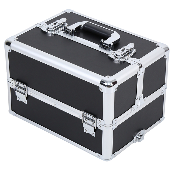 4 in 1 Universal Large Aluminum Frame Beauty Case Make up Cosmetics Rolling Case Trolley Trunk Vanity Professional Portable Organizer Box, Silver and Black