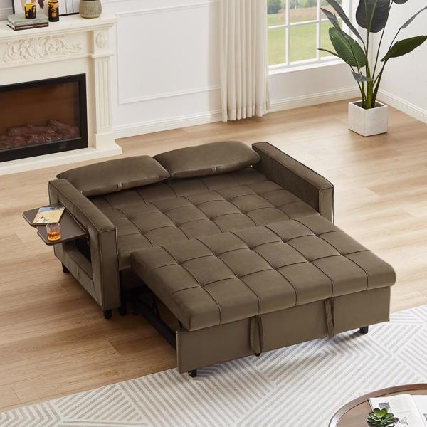 Light Brown, Modern Velvet Recliner Sofa with Pullout Bed, Converts to Sofa Bed, Side Coffee Table, Adjustable Backrest, 2 Lumbar Pillows
