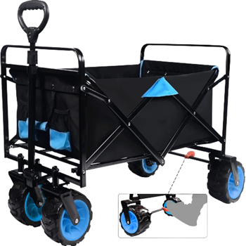 Collapsible Heavy Duty Beach Wagon Cart Outdoor Folding Utility Camping Garden Beach Cart with Universal Wheels Adjustable Handle Shopping (black&blue)