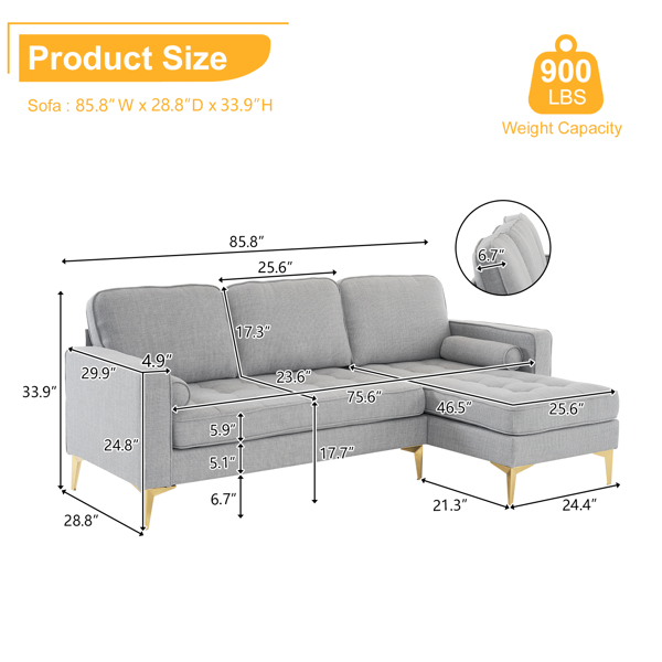 FCH 218*141*87cm Burlap Diamond Electroplated Gold Trident Legs Three Seats With Footstool Indoor Modular Sofa Light Gray