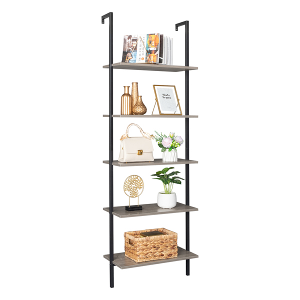 5-Shelf Wood Ladder Bookcase with Metal Frame, Industrial 5-Tier Modern Ladder Shelf Wood Shelves,Gray