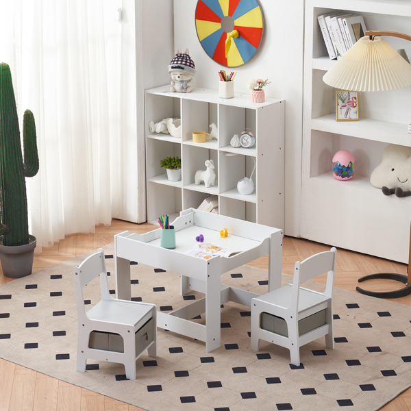 Children's Wooden Table And Chair Set With Two Storage Bags (One Table And Two Chairs) Grey And White