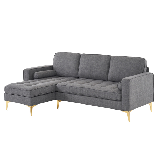 218*141*87cm Burlap Diamond Electroplated Gold Trident Legs Three Seats With Footstool Indoor Modular Sofa Dark Gray