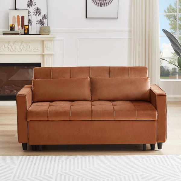 Caramel, Modern Velvet Recliner Sofa with Pullout Bed, Converts to Sofa Bed, Side Coffee Table, Adjustable Backrest, 2 Lumbar Pillows
