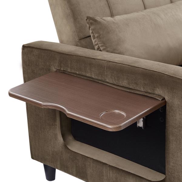 Light Brown, Modern Velvet Recliner Sofa with Pullout Bed, Converts to Sofa Bed, Side Coffee Table, Adjustable Backrest, 2 Lumbar Pillows