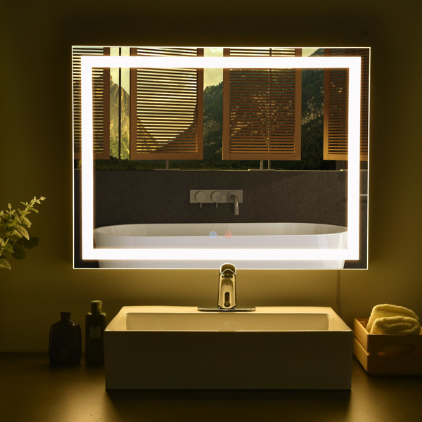 LED Bathroom Mirror with Lights，Front and Backlit Lighted Vanity Mirror for Bathroom Wall, Dimmable Anti-Fog LED Vanity Mirror with 3 Colors, Shatter-Proof, Horizontal/Vertical