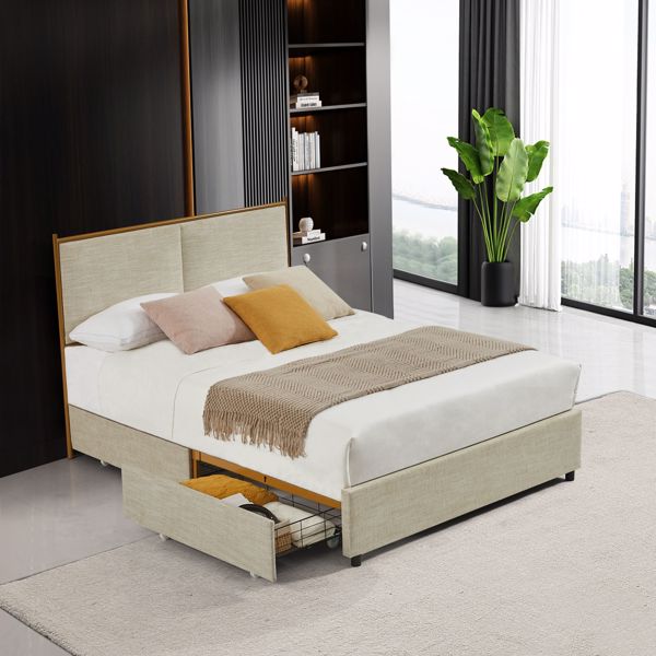 Classic steamed bread shaped backrest, metal frame, solid wood ribs, with four storage drawers, sponge soft bag, comfortable and elegant atmosphere,beige