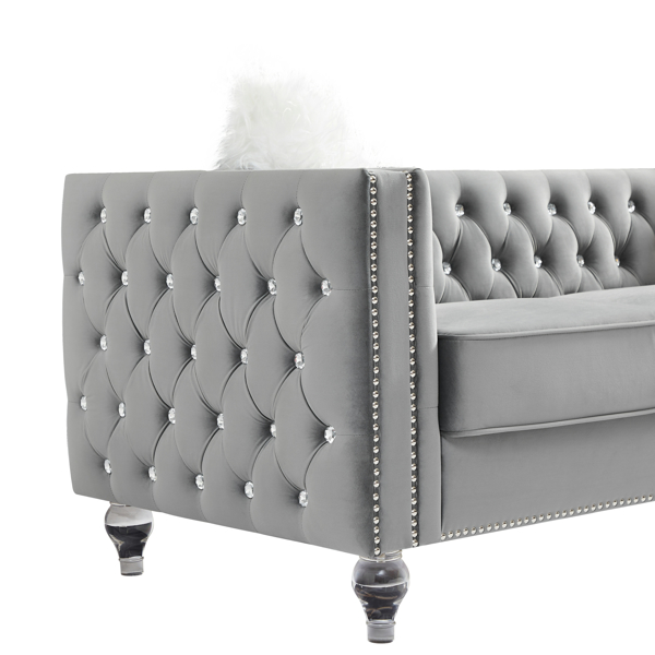 Gray, Three-seater Sofa, Velvet Crystal Buckle Upholstery Sofa, Crystal Feet, Removable Cushion, Two Plush Pillow