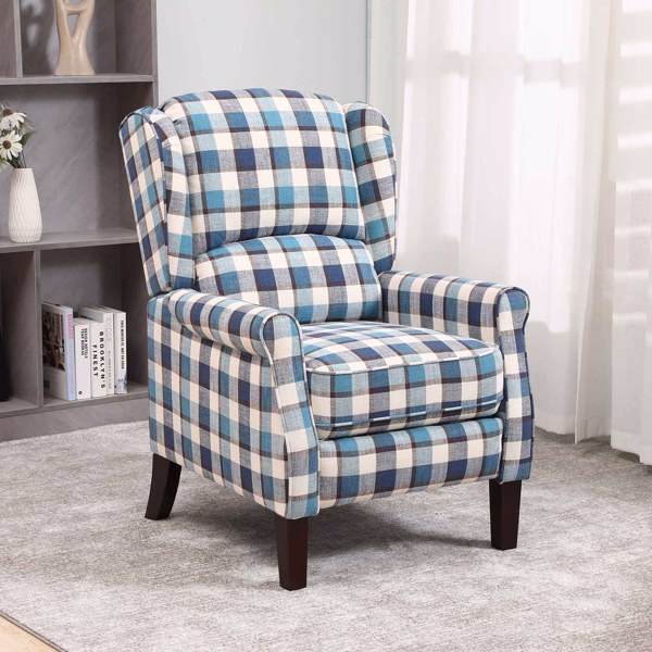 Tartan Reclining Chairs Wing Back, Recliner Armchairs Soft Upholstered w/Adjustable Backrest and Footrest, Retro Checked Leisure Single Sofa For Living Room Bedroom